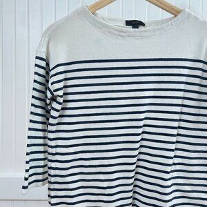 J Crew 100% Cotton Striped White Navy Top Pockets Tunic Length Flawed XS